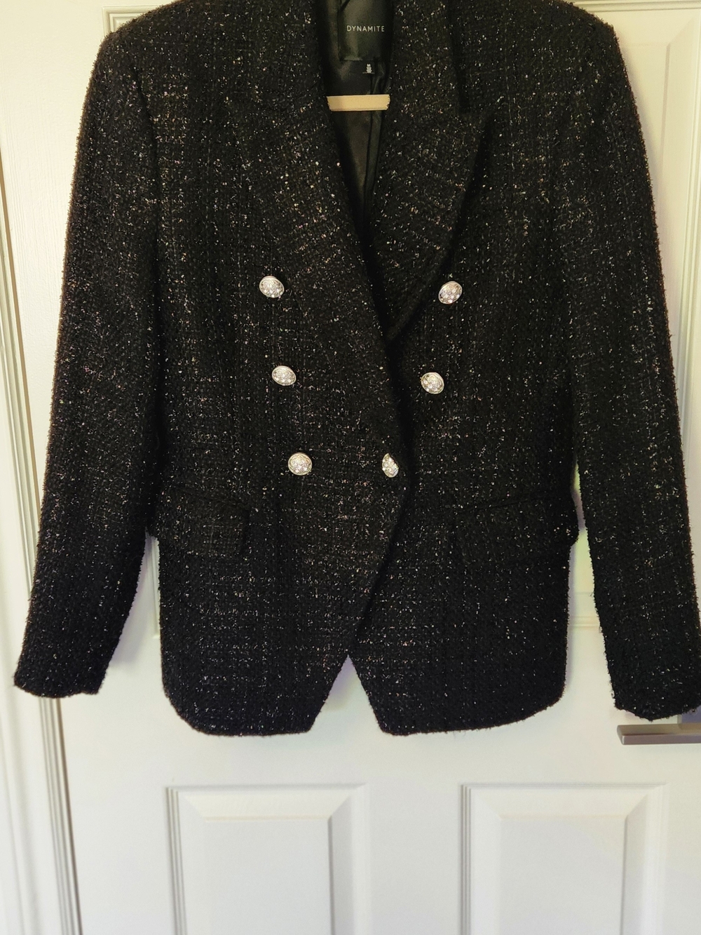 Dynamite Paloma Shiny Black Metallic Tweed Blazer M
